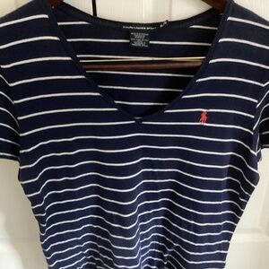 Ladies Ralph Lauren Sport Blue n White Striped Tee Short Sleeve Size XL